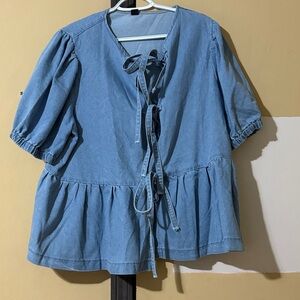 SHEIN Light Blue Denim Blouse with Tie-Front